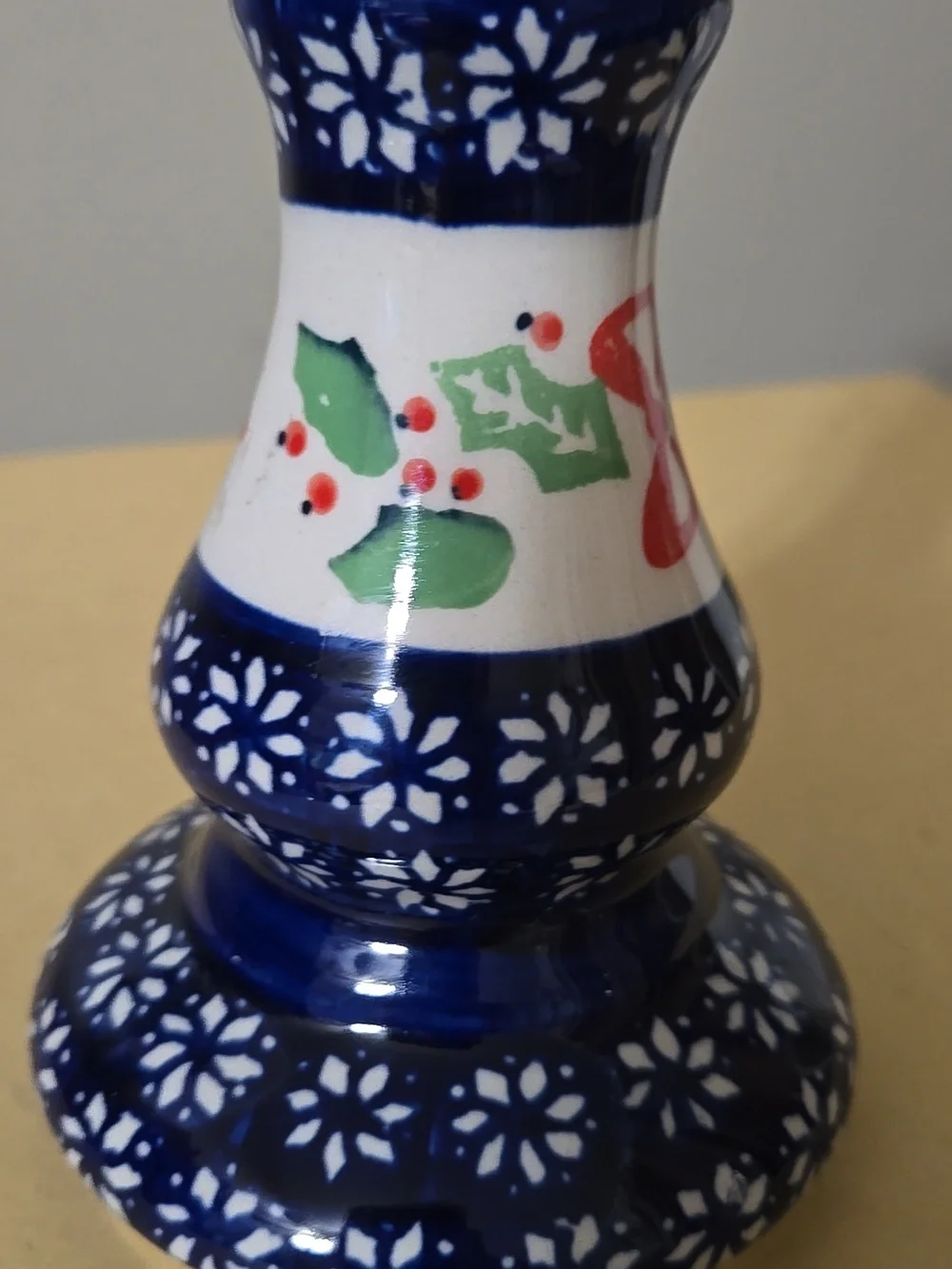 Polish Pottery Hand Painted Ceramic Candle Holder with Holiday Motif 6.5 Inches